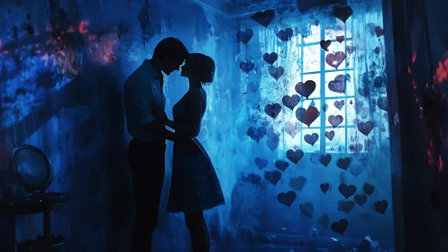 Couple in Blue Room with Floating Hearts.