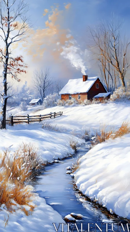 Winter creek curls past a sunlit cabin wrapped in hush