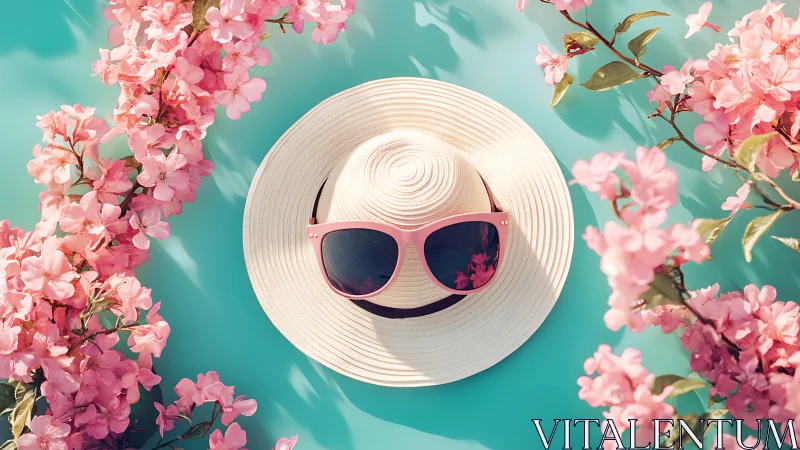 Straw sun hat and pink sunglasses with cherry blossoms.