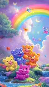 Rainbow teddy bears play under vibrant fantasy sky