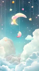 Soft pastel moon and stars drifting in a dreamy sky.