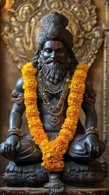 Stone statue of seated figure with garland is centrally framed