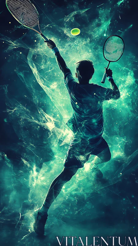 Tennis player lunges forward and reaches to hit floating ball