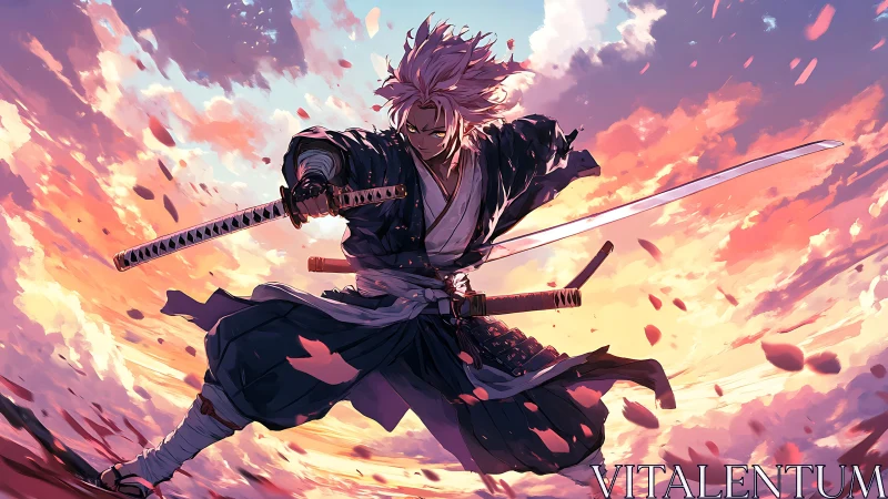 Stormlit swordsman slices dusk skies in a whirlwind stance
