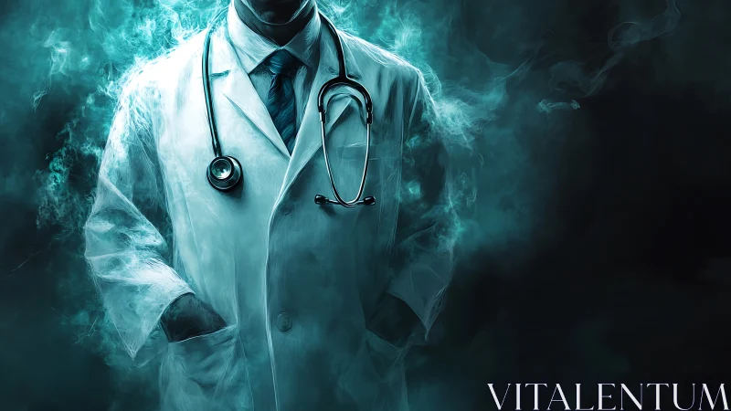 Medical professional in coat with stethoscope amid teal haze.