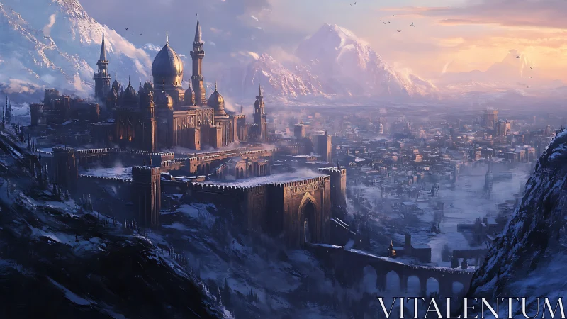 Fortified domed citadel dominates snowy mountain valley