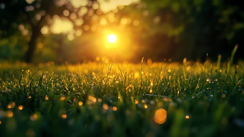 Dewy grass at sunrise with golden sunlight in dreamy, soft focus.