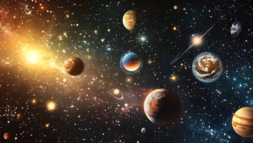 Gentle cosmic panorama with glowing planets and stardust.