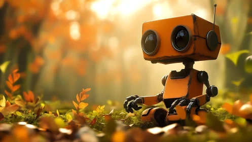 Orange robot resting in sunlit autumn forest clearing.