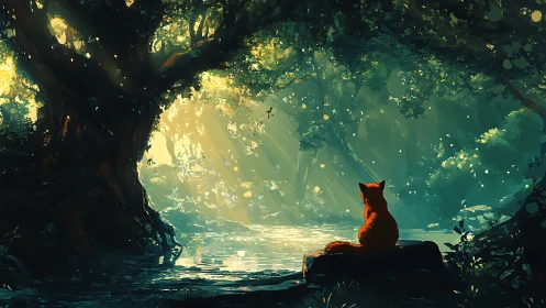 Solitary fox contemplates a sunlit river in an enchanted forest