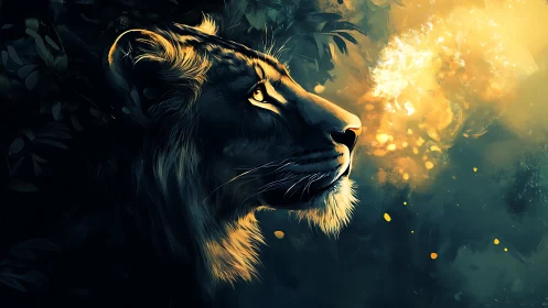 Lion illuminated by ethereal golden fire in twilight forest.