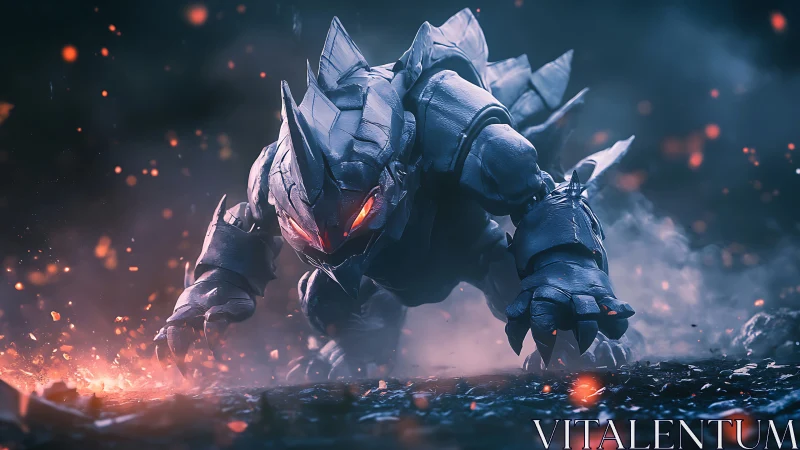 Armored kaiju creature advances through embers in cinematic haze