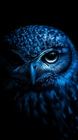 Midnight cobalt owl studies the dark with molten patience