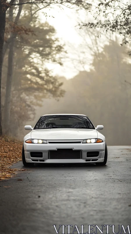 White sports coupe stands on misty forest road at dawn