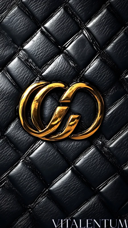 Gold monogram emblem on quilted black leather surface.