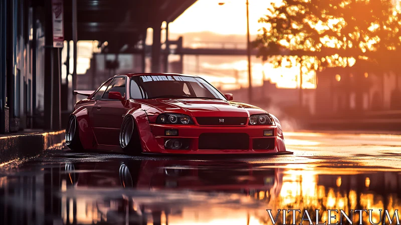 Widebody R34 Skyline GT-R on wet city street at sunset