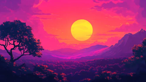 Neon sun descends over surreal magenta mountain valley.