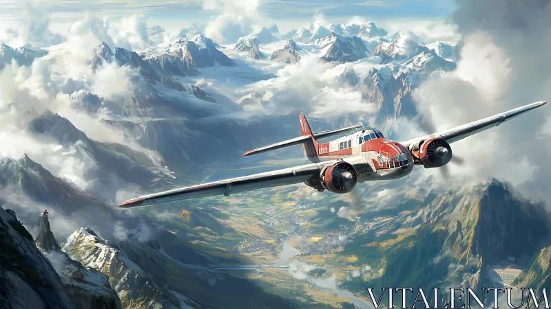 Vintage twin engine aircraft soaring above dramatic alps.