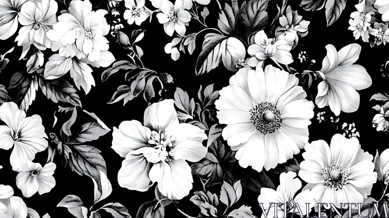 Black and White Floral Pattern with Detailed Botanical Elements