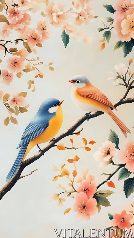 Pastel songbirds perched amid stylized blooming cherry branches