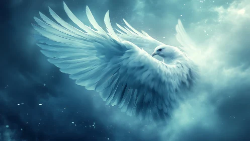 Majestic White Dove in Flight Amid Dreamy Misty Clouds, Digital Art.