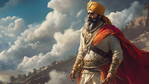 Regal warrior king in golden turban above storm clouds.