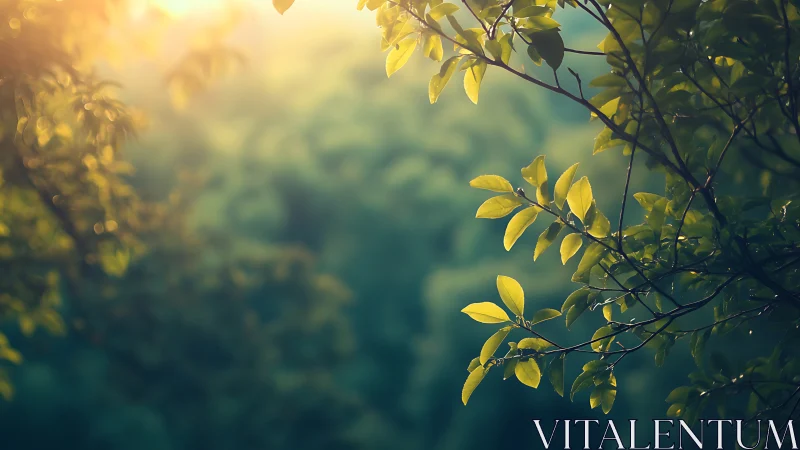 Sunlit green leaves in soft focus nature photography style.