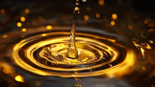 Golden liquid droplet forms concentric luminous ripples.