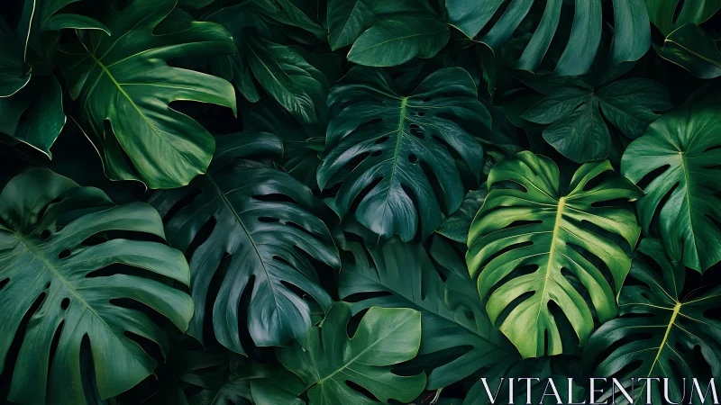 Tropical monstera leaves form dense overlapping jungle pattern