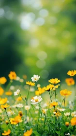 Yellow and white daisies in soft-focus natural meadow environment.