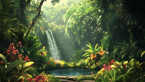 Hidden jungle waterfall oasis glows in lush morning light.