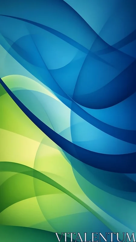 Curved blue and green wave layers create fluid motion.
