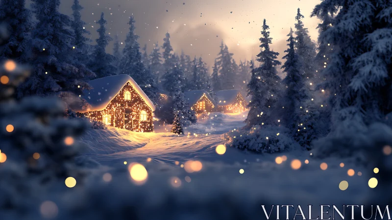Snowy forest cabins glow with warm festive winter lights