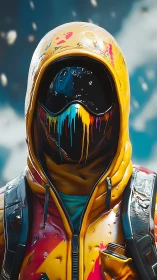 Hooded figure in yellow jacket with multicolor visor paint.