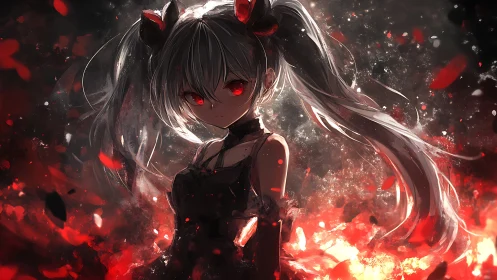 Anime girl stands amid red embers and dark atmospheric glow