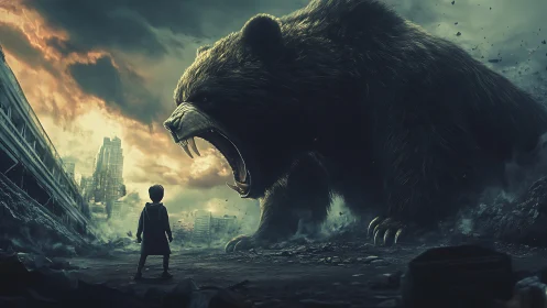 Giant bear confronts lone child in ruined apocalyptic cityscape.