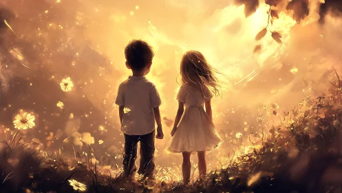 Children Wandering Through an Enchanted Garden of Golden Light.