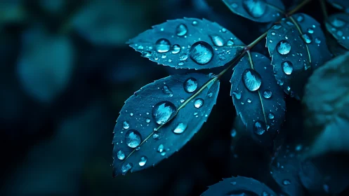 Moonlit raindrops resting on midnight sapphire leaves.