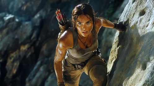 Gritty female climber scaling sunlit rock wall, cinematic closeup