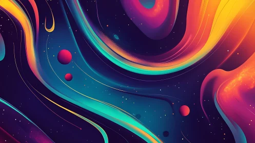 Neon Rivers Of Space Curl Around Floating Painted Planets.