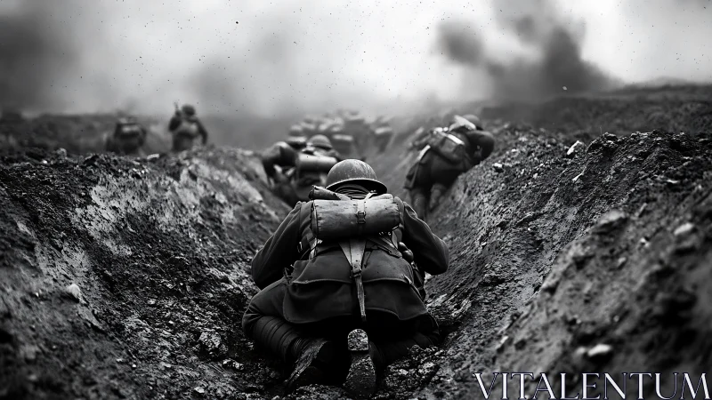 World War trench soldiers advancing through blasted mudscape.