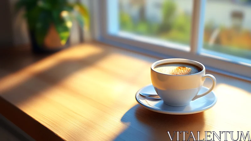Morning sunlight wraps a cozy cup of coffee in gentle warmth