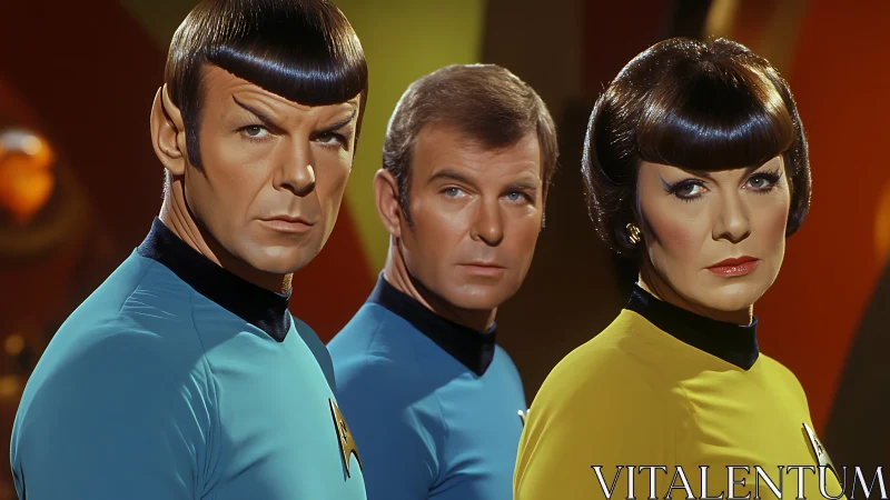 Three uniformed figures in retro science fiction setting.