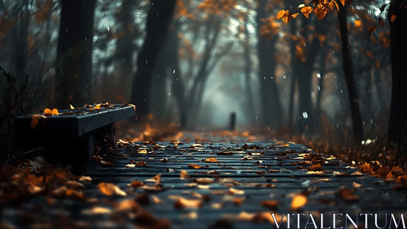 Wooden path and bench in wet autumn forest are shown