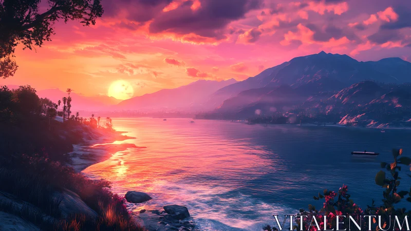 Crimson sunset tide painting mountains in luminous dreamlight.