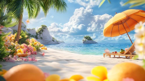 Tropical Beach Paradise with Orange Umbrella and Coastal Blooms