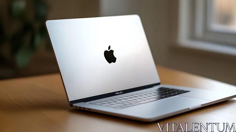 Sleek silver laptop waits on a warm wooden desk for work