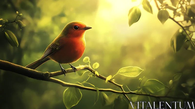 Vibrant robin perched on branch in sunlit, dreamy forest scene.