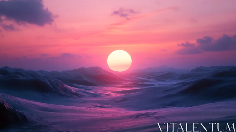 Sun over stylized ocean waves under pink violet sky.