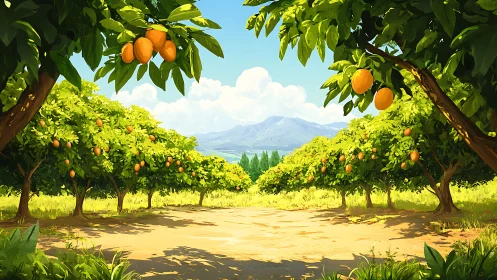 Sunlit orange grove arching toward distant sapphire mountains.
